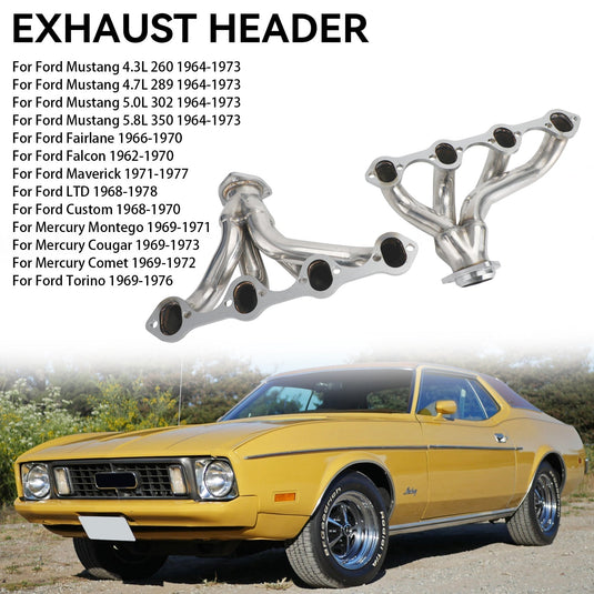 FOR Ford Sb 289 302 351 Windsor Mustang 64-70 Long Tube Stainless Exhaust Header